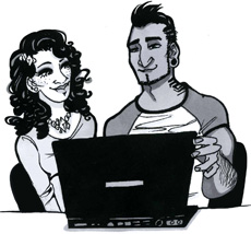 Couple watching video on laptop drawing