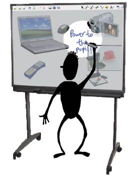 Cartoon figure annotating an interactive whiteboard