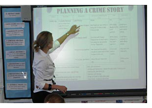 Teacher using IWB to teach planning a crime story